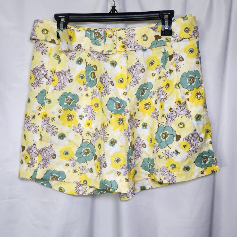 Ann Taylor Women’s Belted Shorts Yellow Floral Linen Blend Pleated Front M